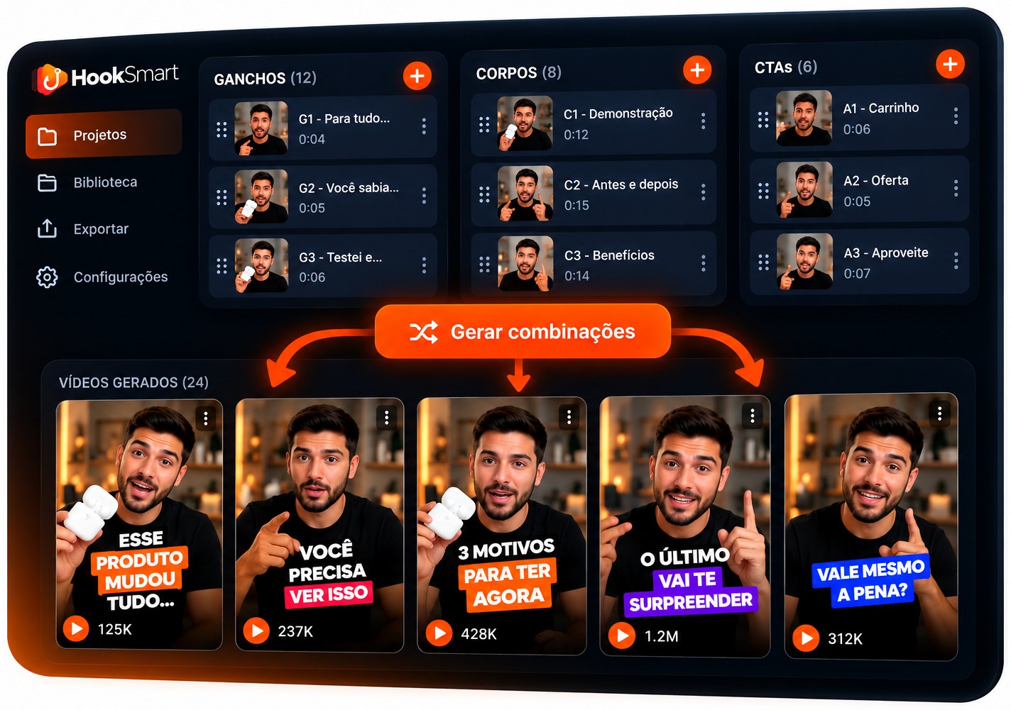 Tela do HookSmart: ganchos, corpos e CTAs viram vários vídeos prontos com um clique